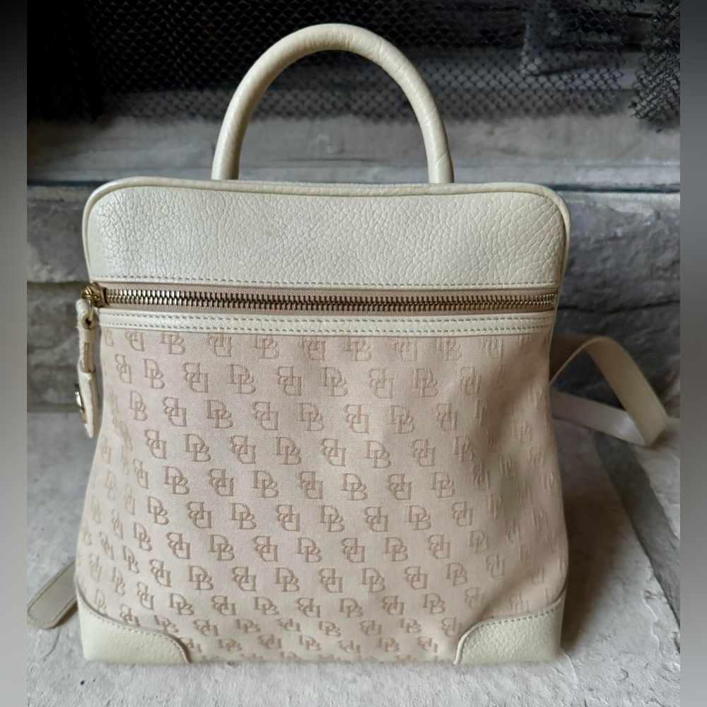 Vintage Dooney & Bourke Beige Canvas Logo Backpack with Cream Leather Trim